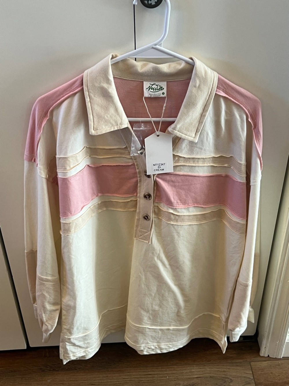 NWT S M L oversized Cream & Pink Striped Long-Sleeve Button-Down rough edge Polo